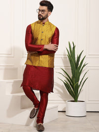SOJANYA Men Maroon Solid Kurta Set With Printed Jacket
