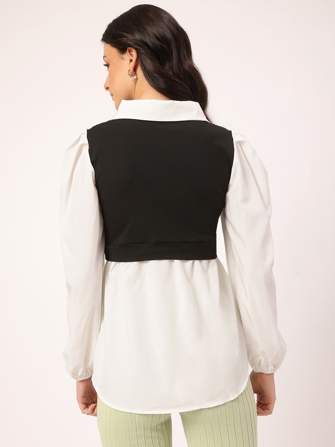 DressBerry Casually Sophisticated Layered Detail Puff Sleeves Shirt-Style Longline Top
