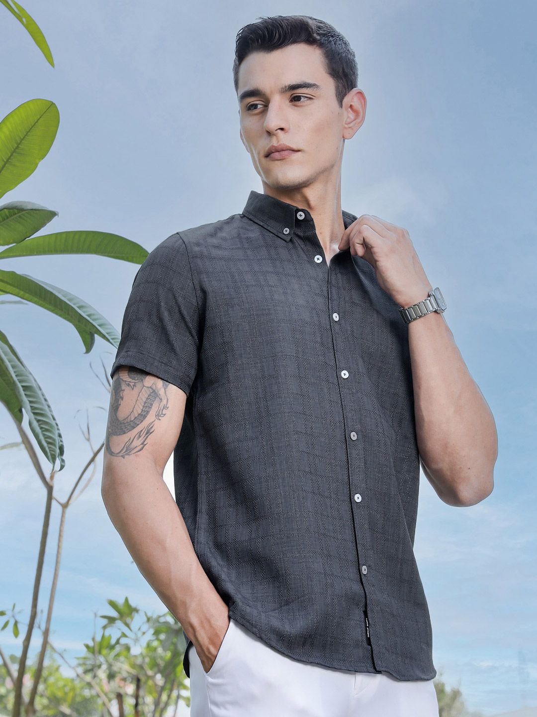 Thomas Scott Men Premium Regular Fit Button-Down Collar Textured Casual Shirt