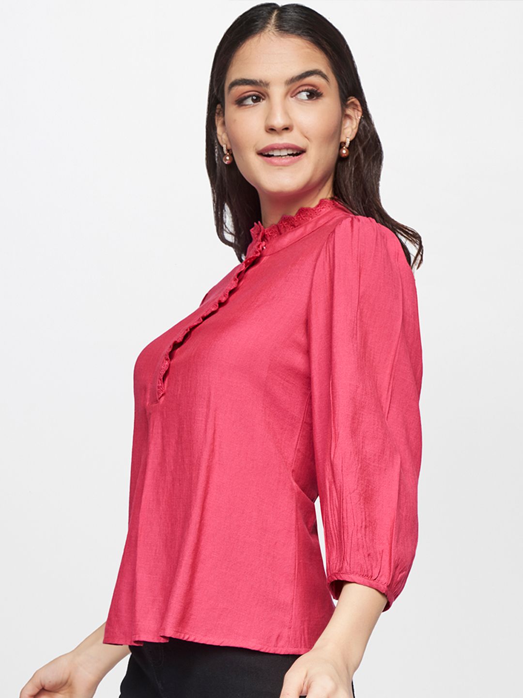 AND Coral Pink Solid High Neck Regular Top
