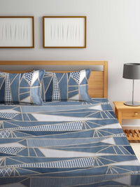 KLOTTHE Blue & White Geometric-Printed 300TC King Bedsheet & 2 Pillow Covers