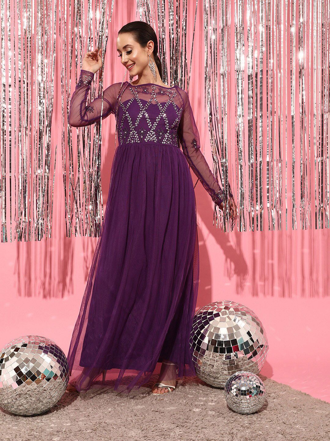 STREET 9 Checked Fit and Flare Long Sleeves Dress