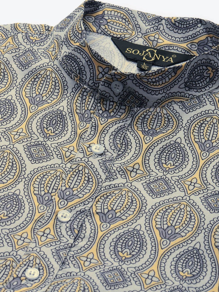 SOJANYA Lelaki Grey & Yellow Pure Cotton Ethnic Motifs Printed Kurta