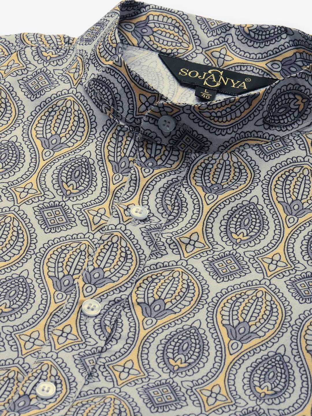 SOJANYA Lelaki Grey & Yellow Pure Cotton Ethnic Motifs Printed Kurta