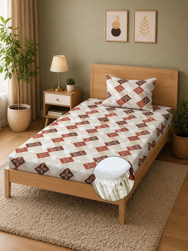 Moda Rapido X KLOTTHE Beige & Red Geometric 400 TC Single Bedsheet with 1 Pillow Covers