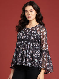 all about you Floral Printed Semi Sheer Gathered A-Line Top
