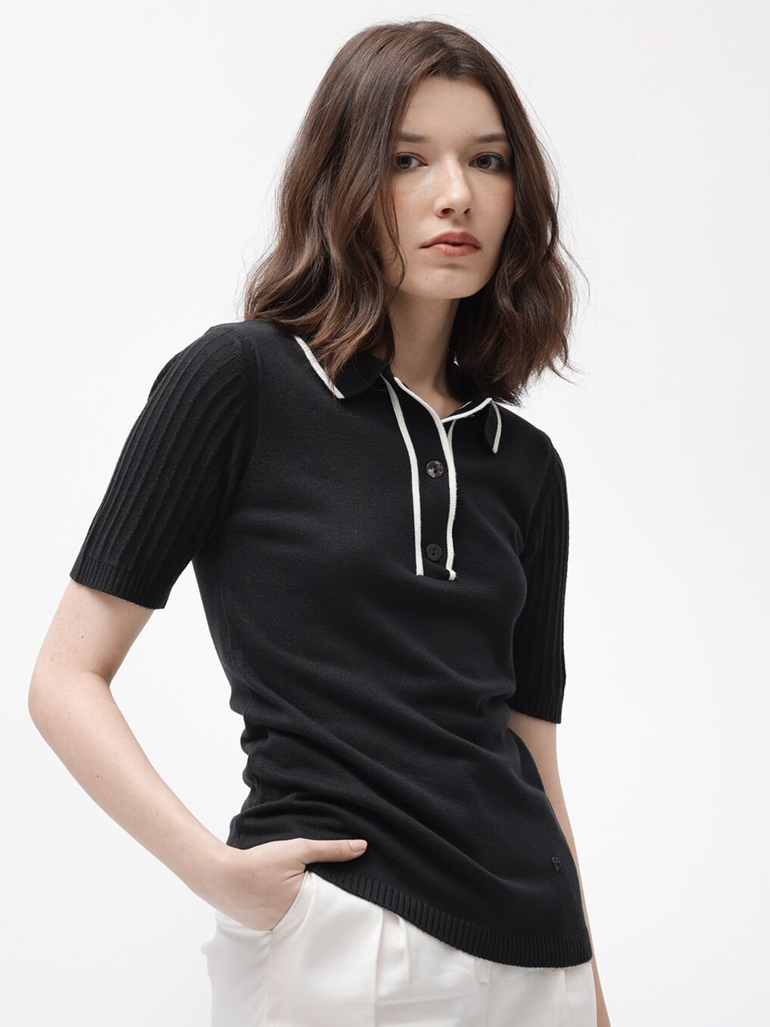 RAREISM Knitted Polo Collar Cotton T-Shirt