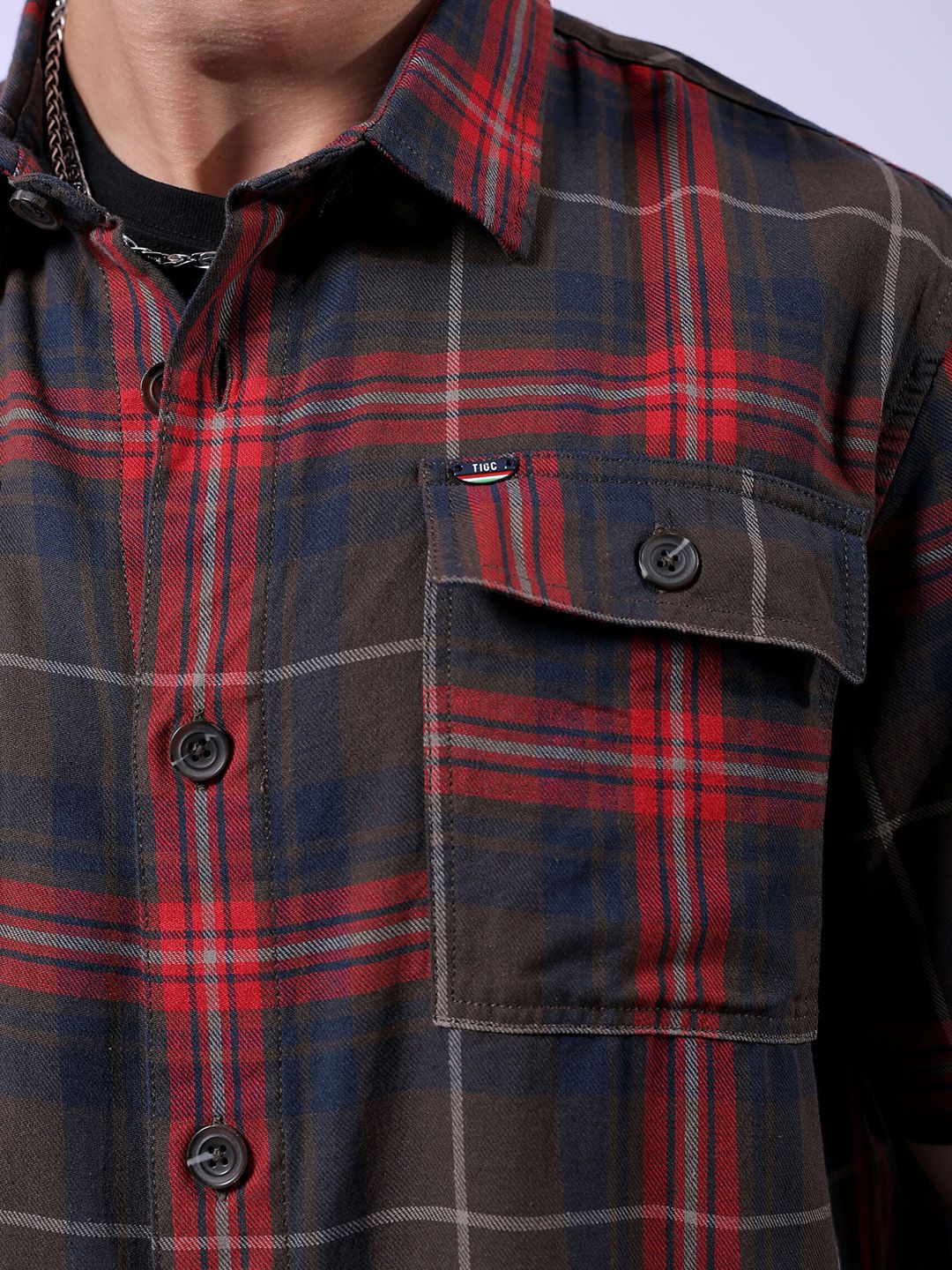 The Indian Garage Co Tartan Checked Pure Cotton Oversized Casual Shirt