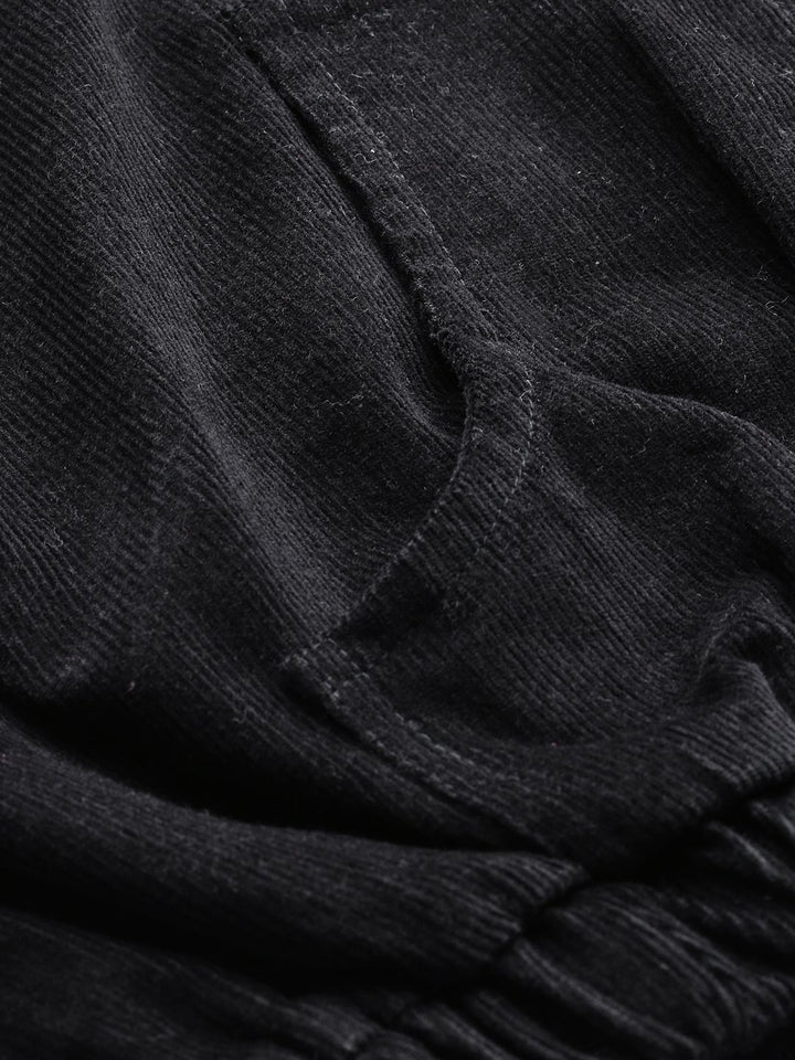 SASSAFRAS Women Black Solid Corduroy Cropped Bomber Jacket