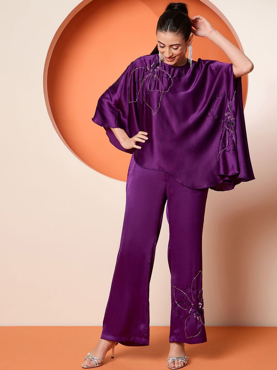 Antheaa Embellished Satin Top With Trousers Co-Ords