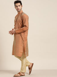 SOJANYA Men Rust Orange & Beige Jacquard Ethnic Motifs Woven Design Straight Kurta