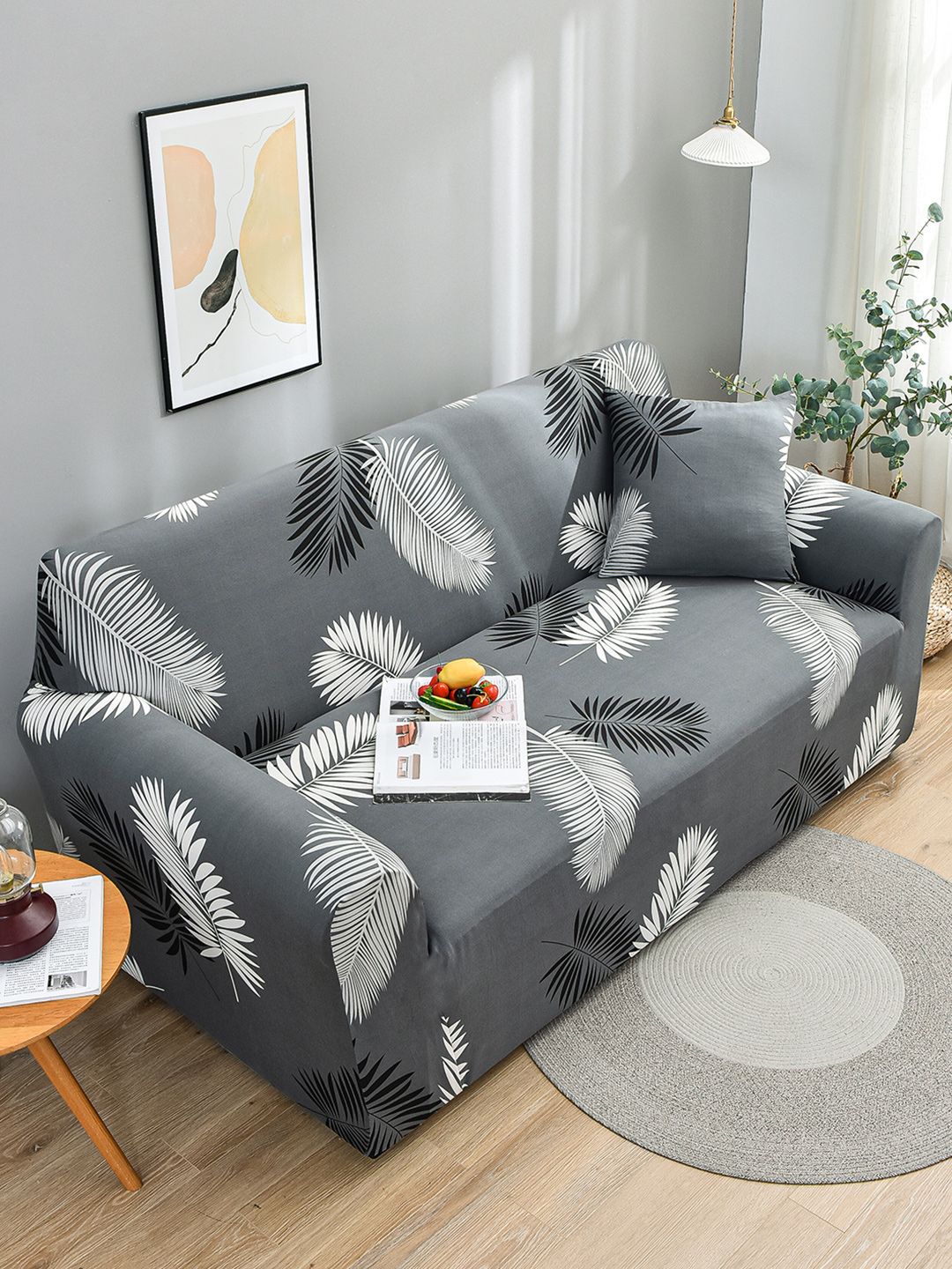 Story@home Grey & White Printed 3 Seater Stretchable Sofa Cover With Arms