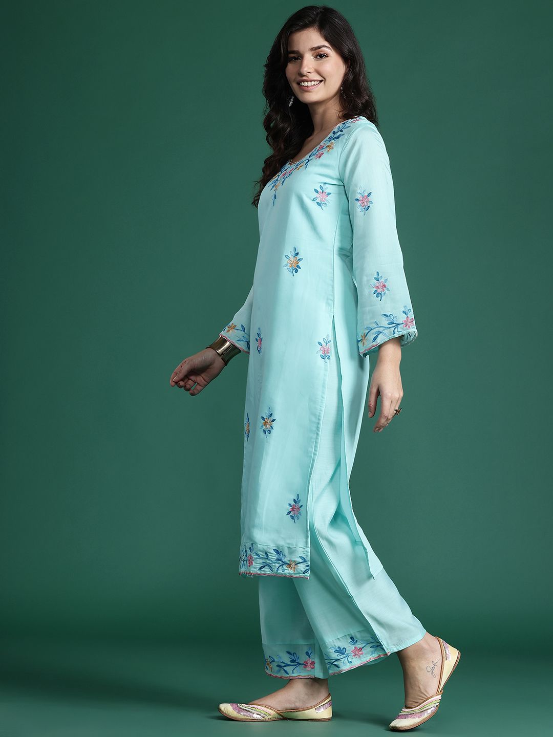 Indo Era Floral Embroidered Thread Work Kurta with Trousers & With Dupatta
