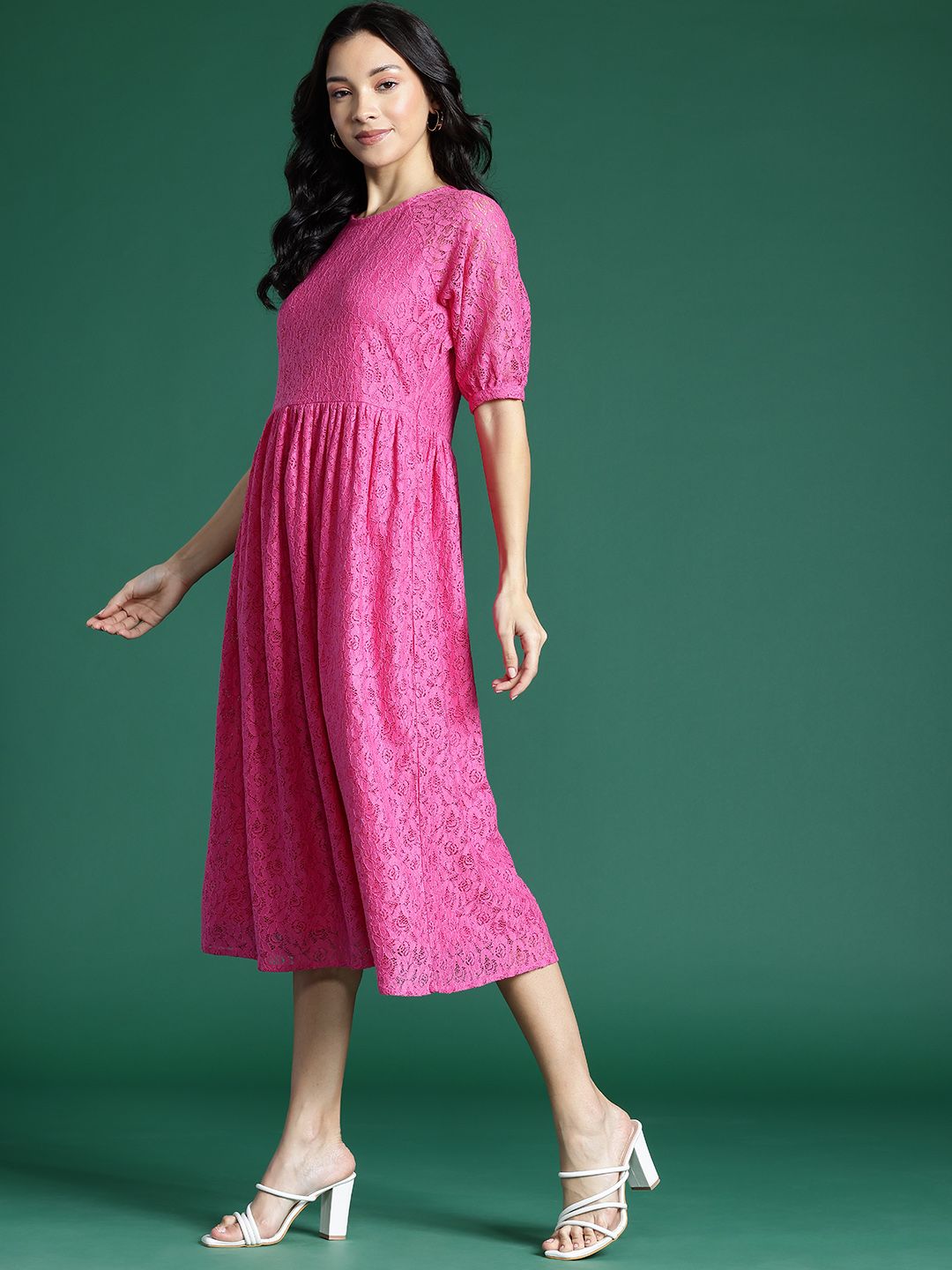 DressBerry Floral Puff Sleeve Lace Midi A-Line Dress