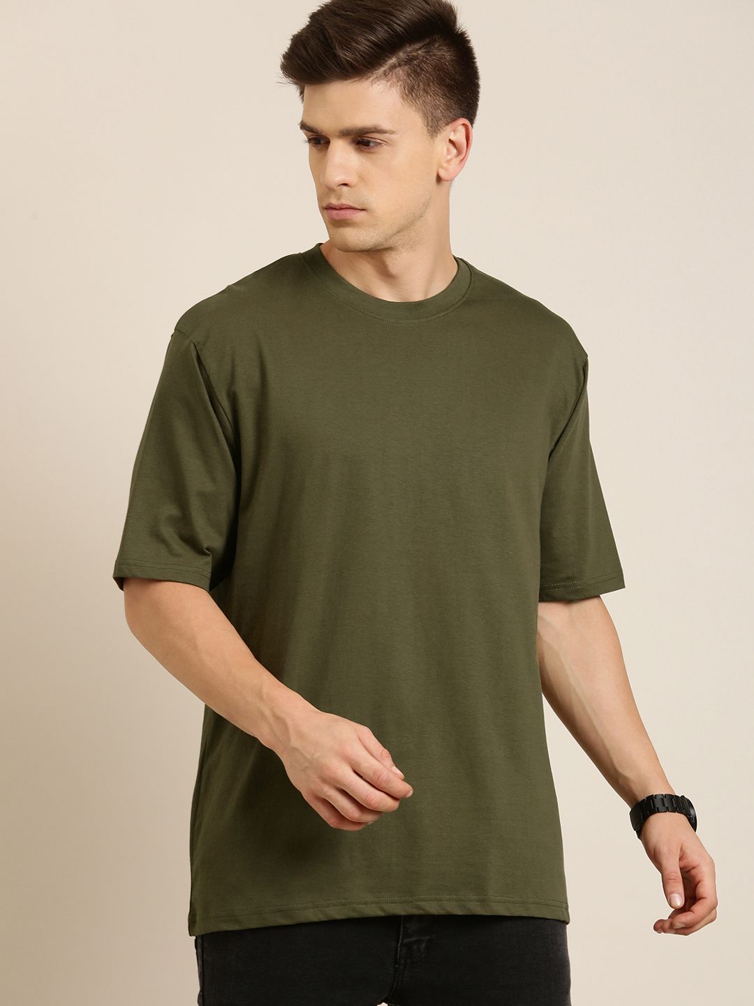DILLINGER Men Olive Green Pure Cotton Drop-Shoulder Sleeves Oversized Fit T-shirt