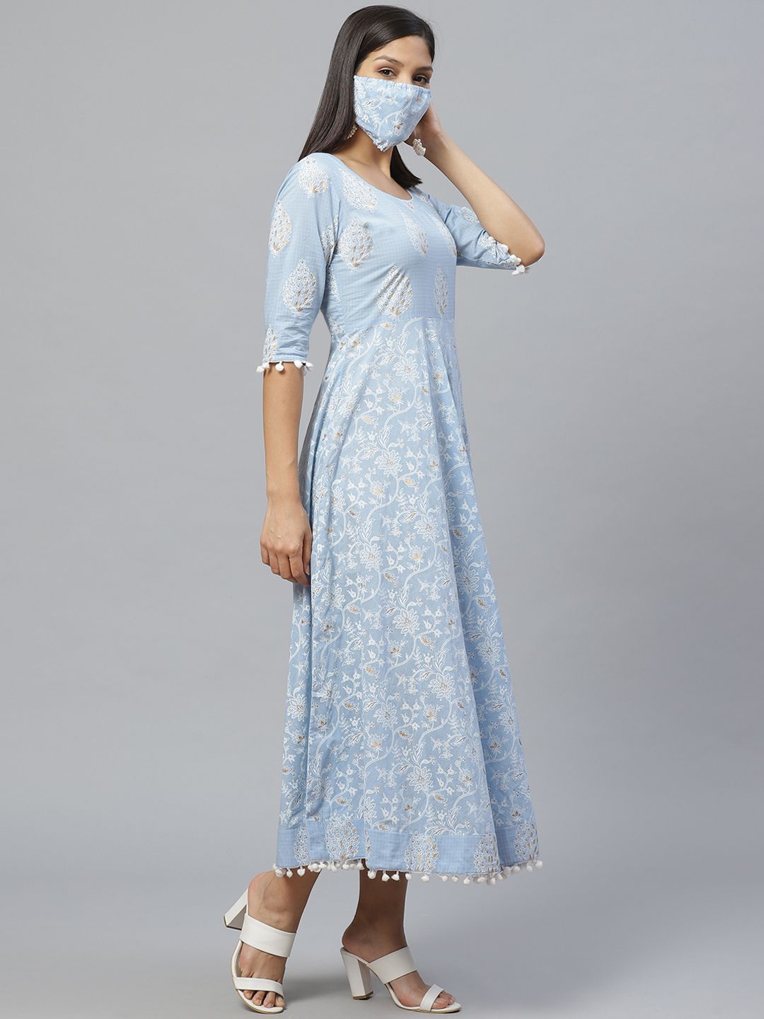 Libas Blue & White Ethnic Motifs Printed Cotton Maxi Dress