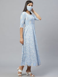 Libas Blue & White Ethnic Motifs Printed Cotton Maxi Dress