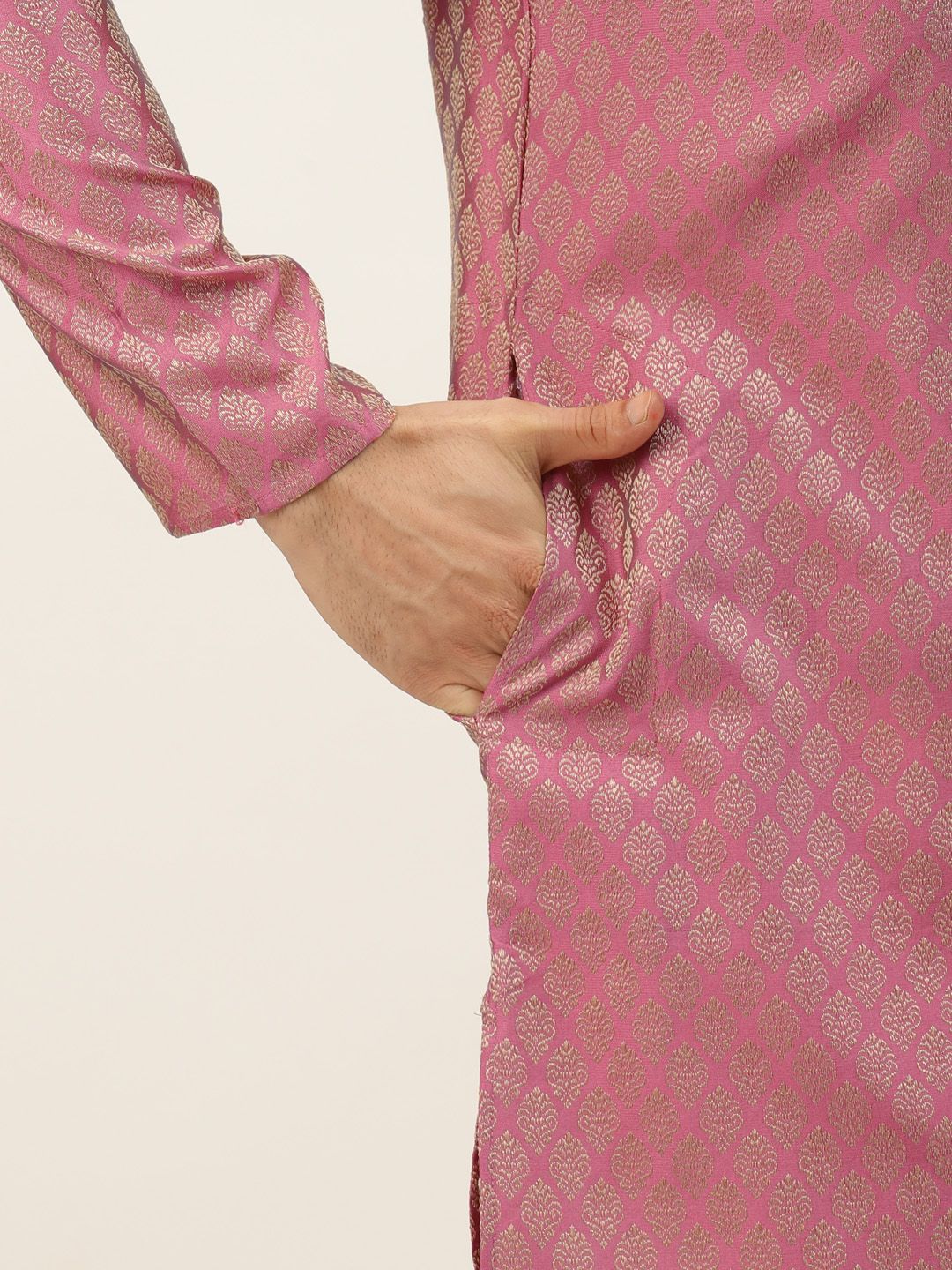 SOJANYA Men Pink Woven Design Kurta with Churidar & Nehru Jacket