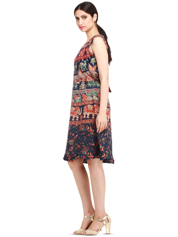 Exotic India Medieval Blue Elephants and Camels Printed Pure Cotton Summer Dress