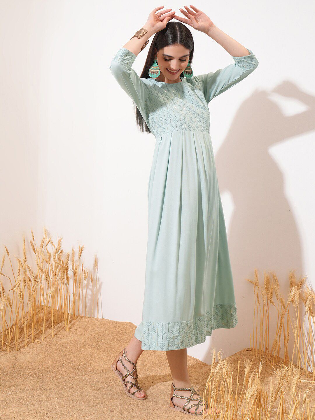 Vishudh Sea Green Ethnic Motifs Printed Cotton Fit & Flare Midi Dress
