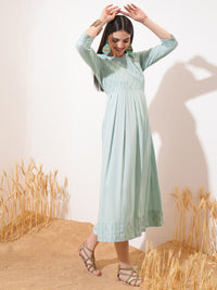 Vishudh Sea Green Ethnic Motifs Printed Cotton Fit & Flare Midi Dress
