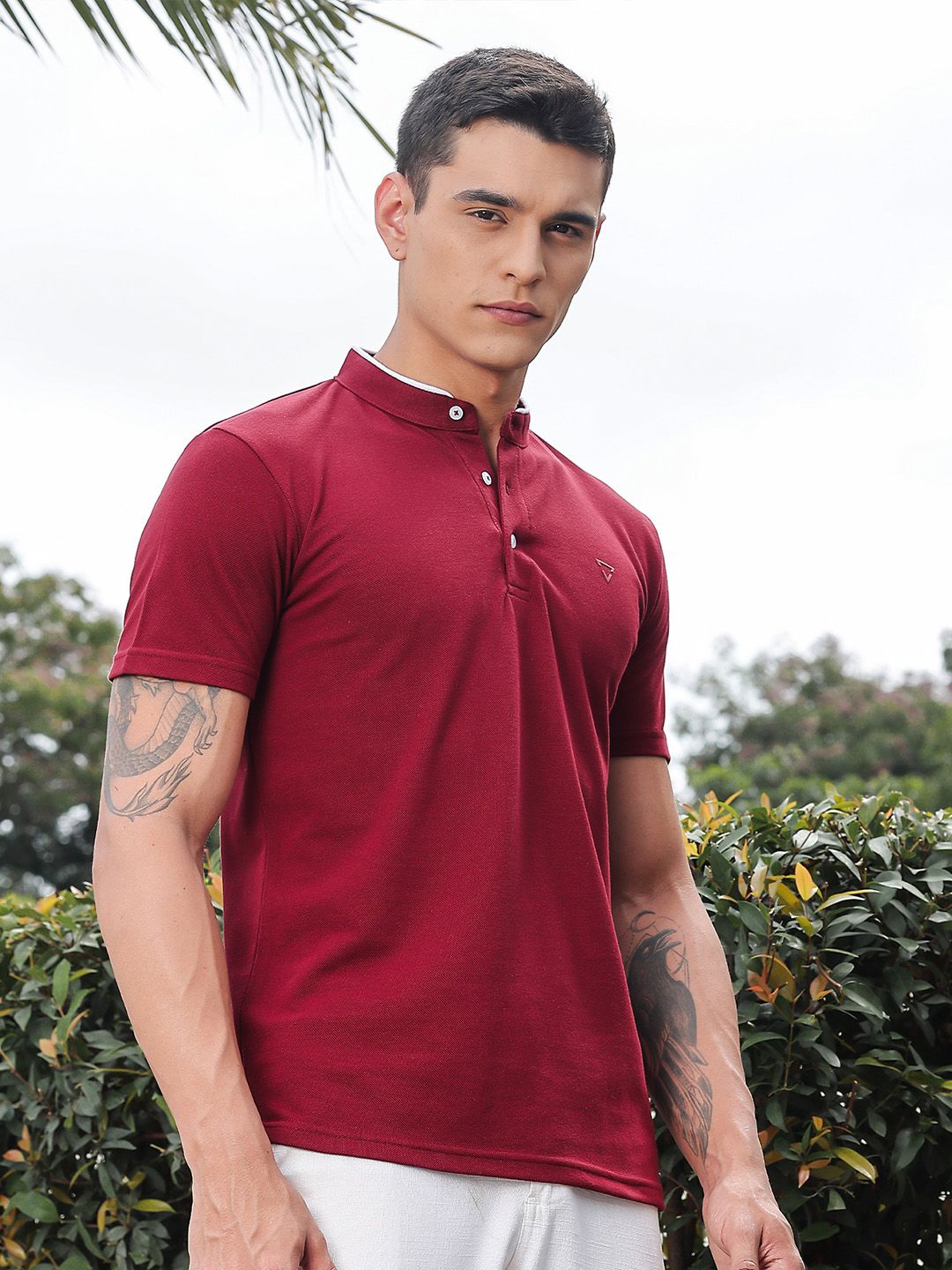 Thomas Scott Men Solid Mandarin Collar Knitted T-Shirt
