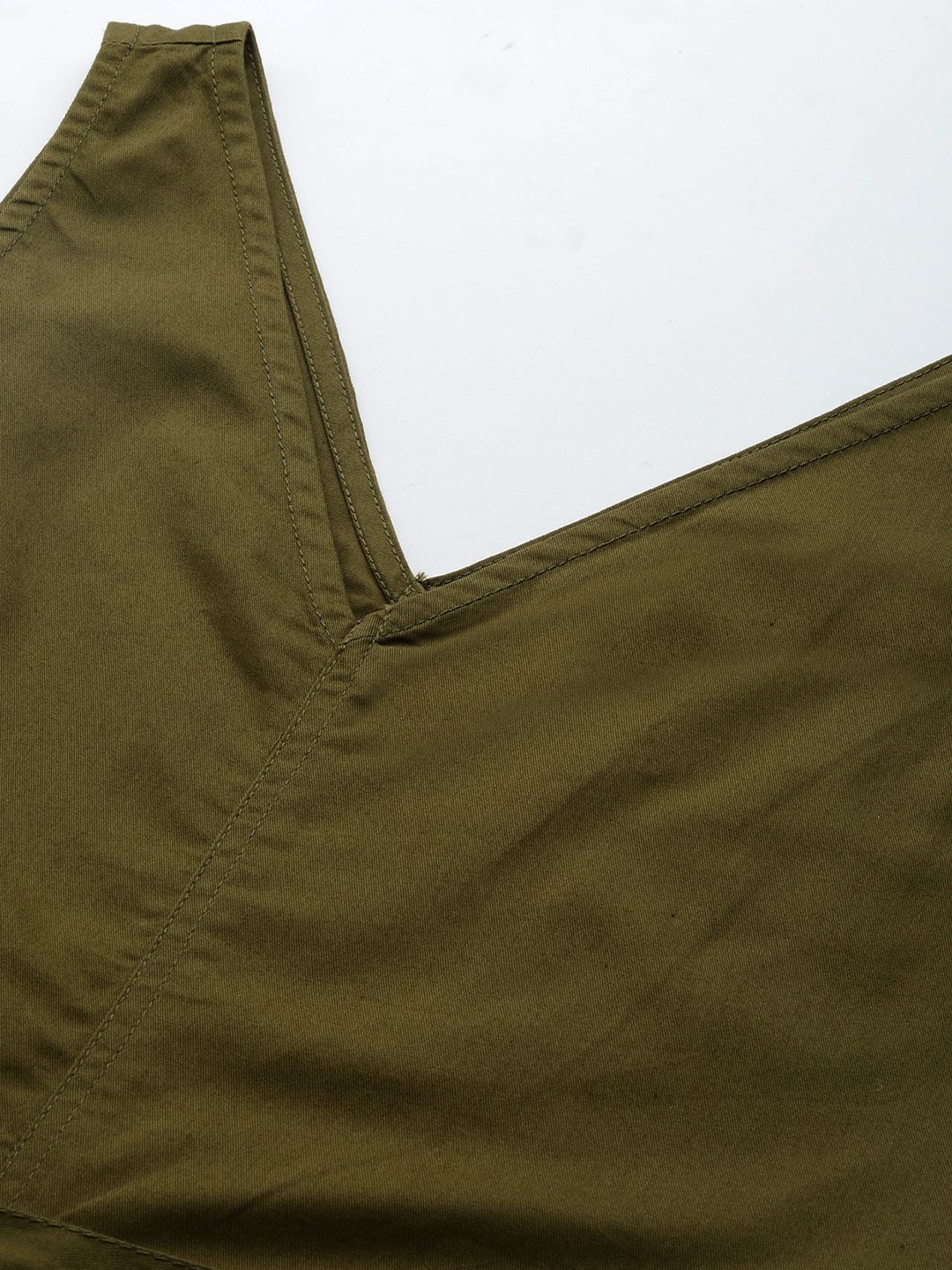 ether Olive Green Pure Cotton Solid V-Neck Playsuit