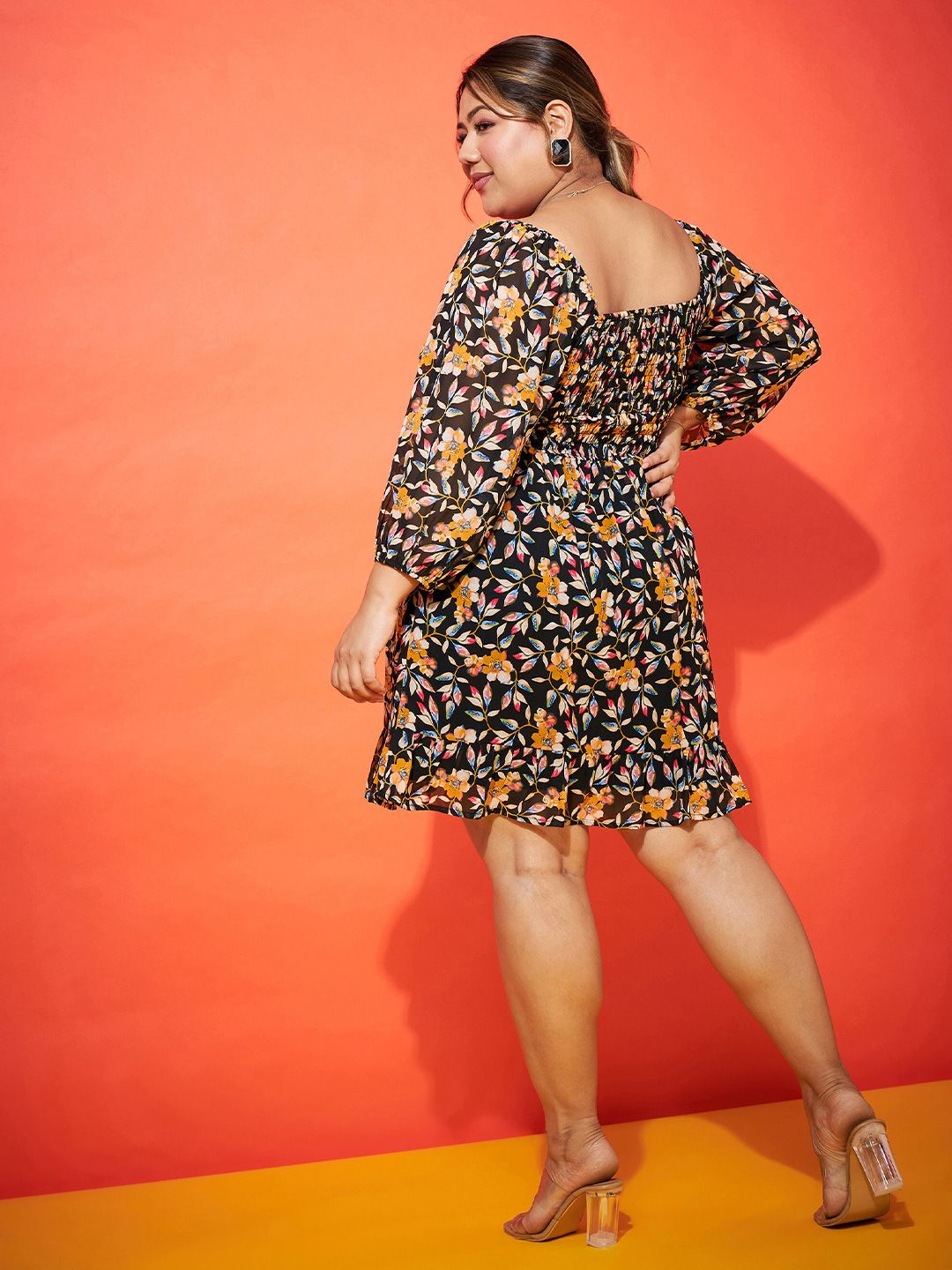 SASSAFRAS Curve Plus Size Black Floral Printed Smocked Georgette Fit & Flare Dress