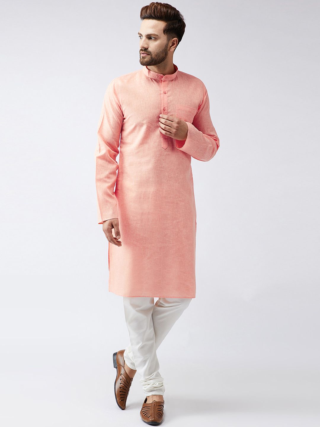 SOJANYA Men Orange & Off-White Solid Kurta with Churidar