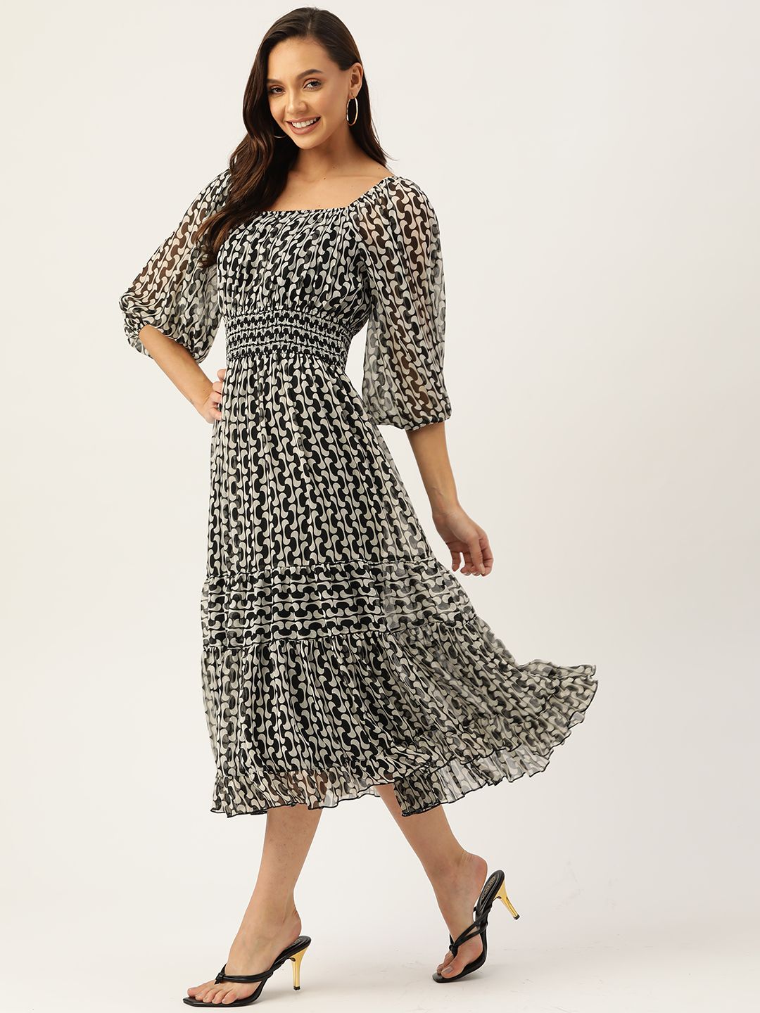 Antheaa Black & White Chiffon Printed Tiered Midi Dress