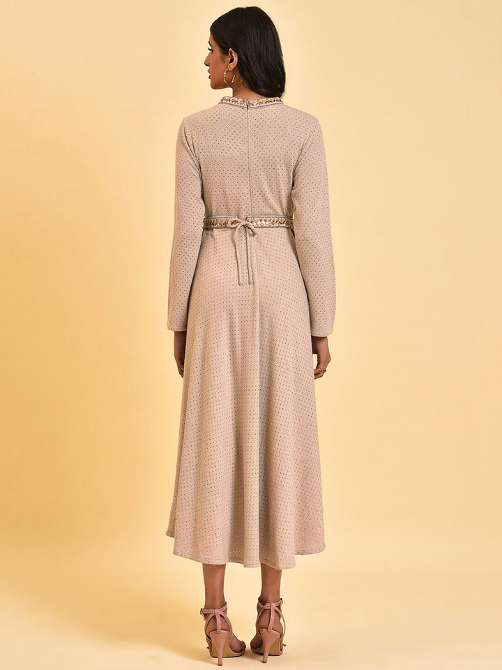 W Grey Embellished Polka Dot Printed High Neck Belted Fit & Flare Midi Dress