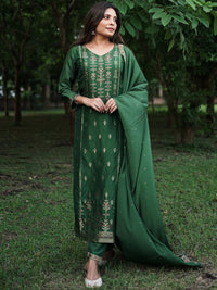 Libas Women Green & Gold Zari Woven Design Straight Kurta with Trousers & With Dupatta