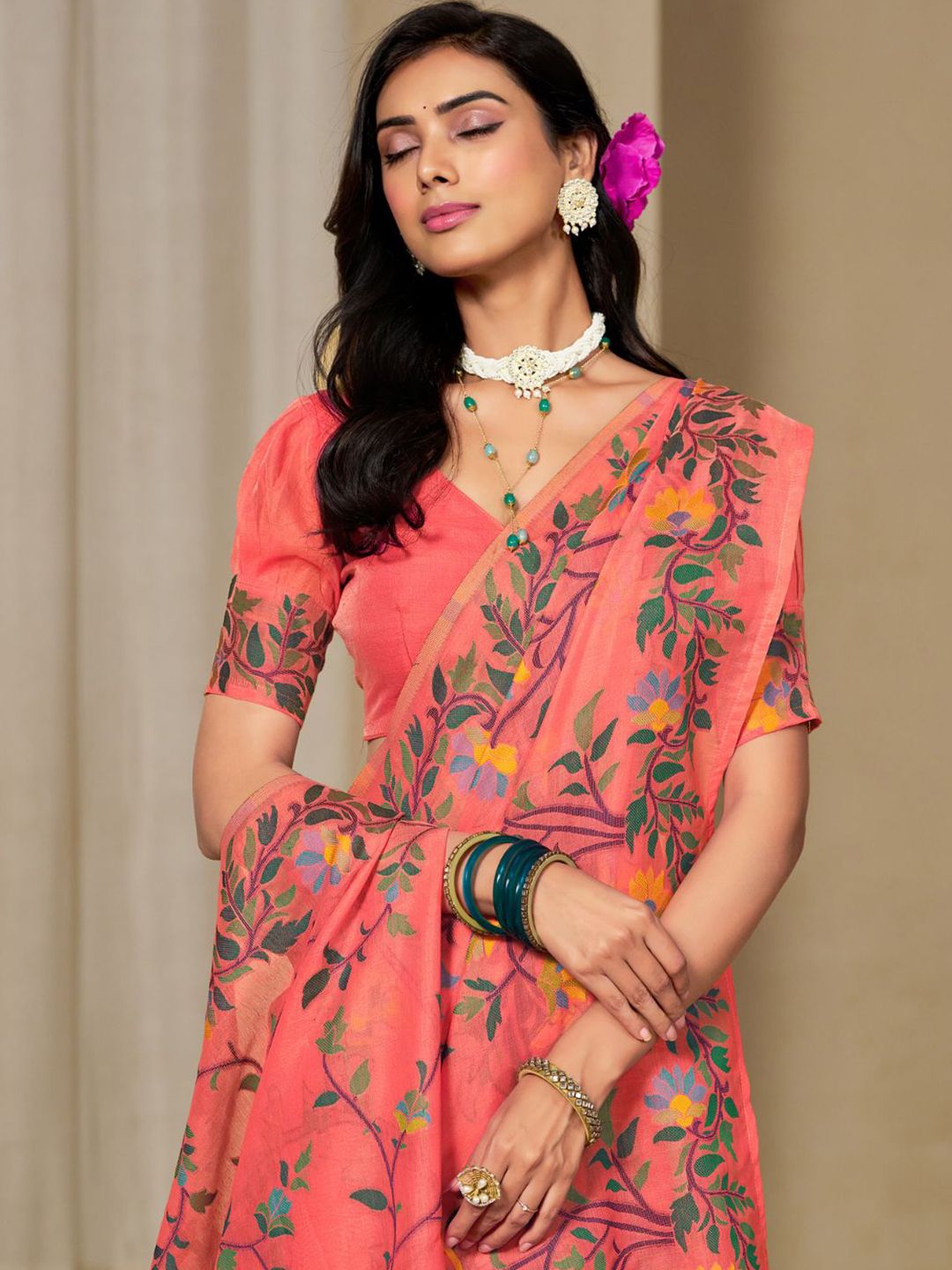 KALINI Orange Pure Cotton Woven Design Sarees