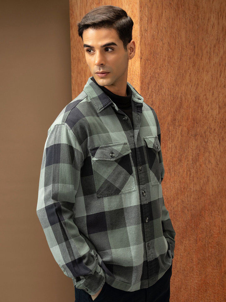 Locomotive Premium Men Green Oversized Dobby Textured Checked Utility Pocket Overshirt