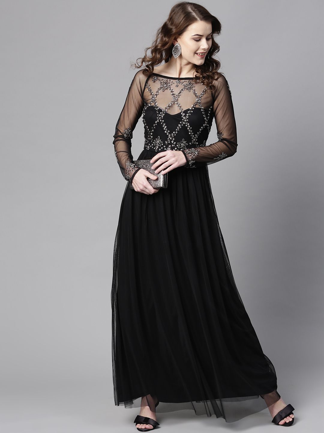 STREET 9 Women Black Solid Maxi Dress with Embellished Detail