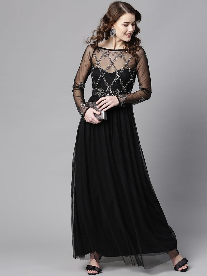 STREET 9 Women Black Solid Maxi Dress with Embellished Detail