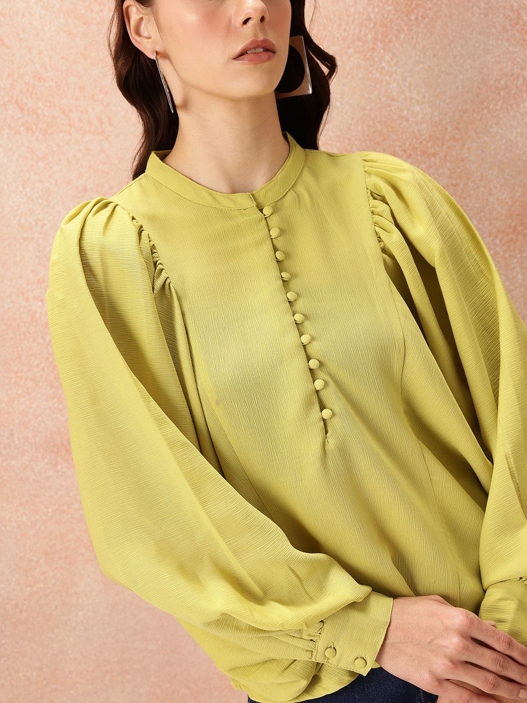 all about you Mandarin Collar Bishop Sleeves Shirt Style Top