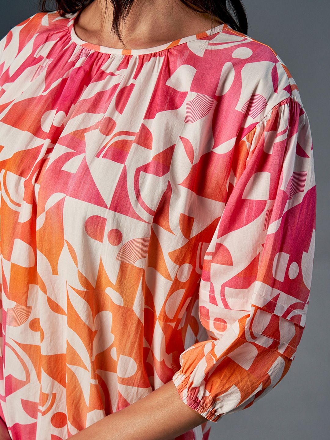 AND Round Neck Abstract Print Puff Sleeve Fit & Flare Midi Dress