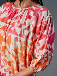 AND Round Neck Abstract Print Puff Sleeve Fit & Flare Midi Dress