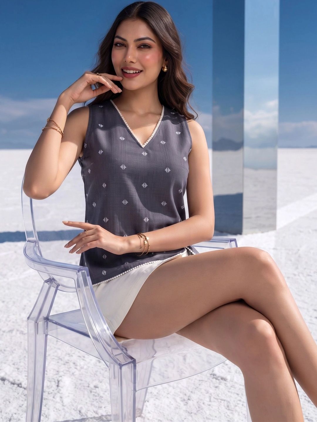 Mamicha Geometric Print Cotton Top