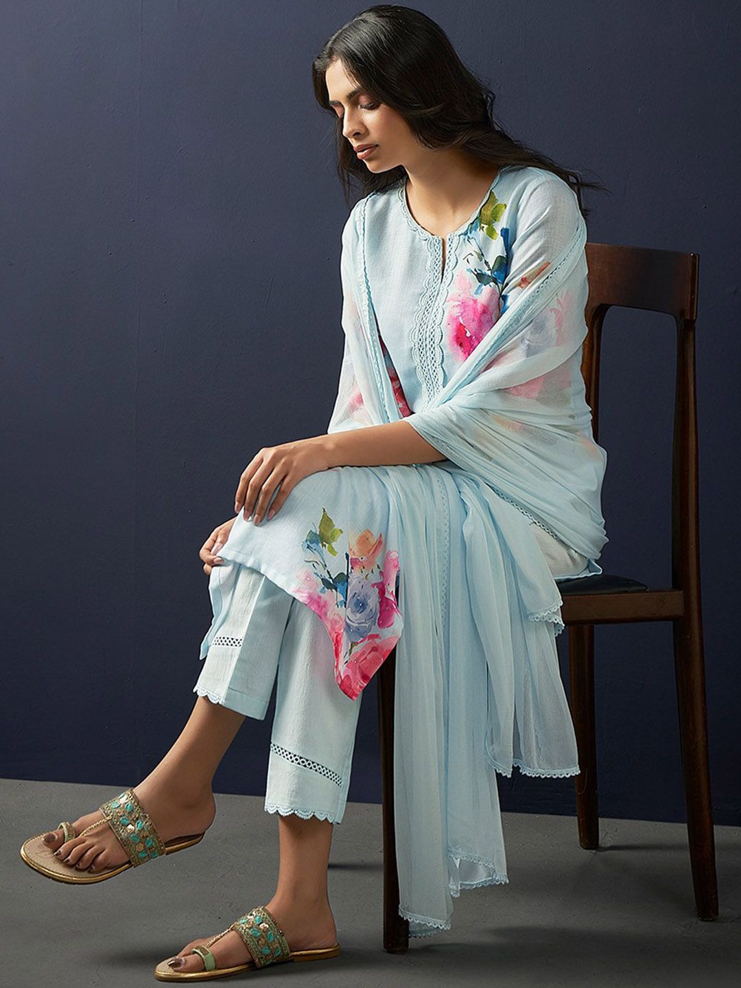 Indo Era Floral Printed Regular Linen Straight Kurta With Trousers & Dupatta