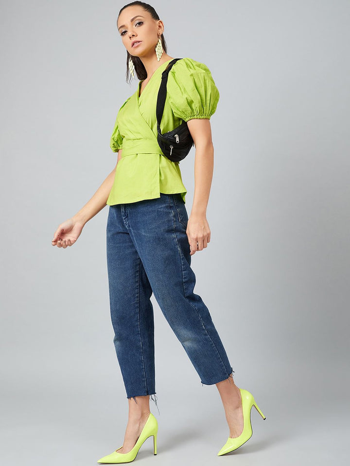 Athena Lime Green Knotted Wrap Top With Puffed Sleeves
