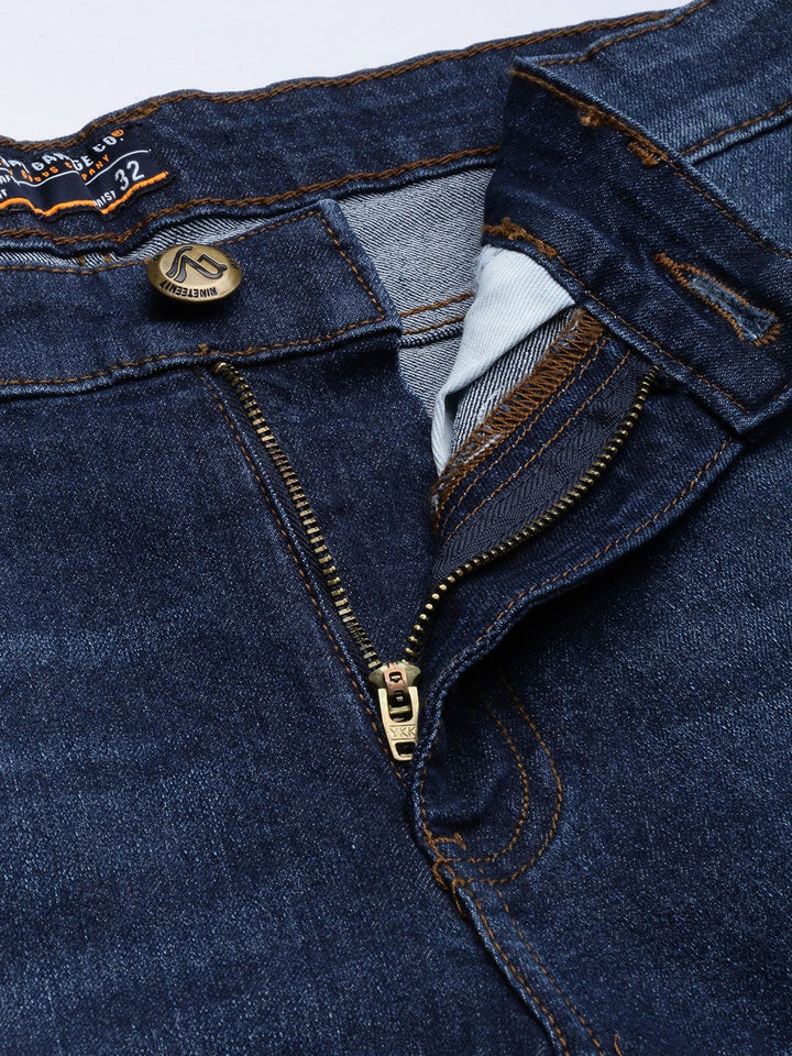 The Indian Garage Co Men Navy Blue Slim Fit Mildly Distressed Light Fade Stretchable Jeans