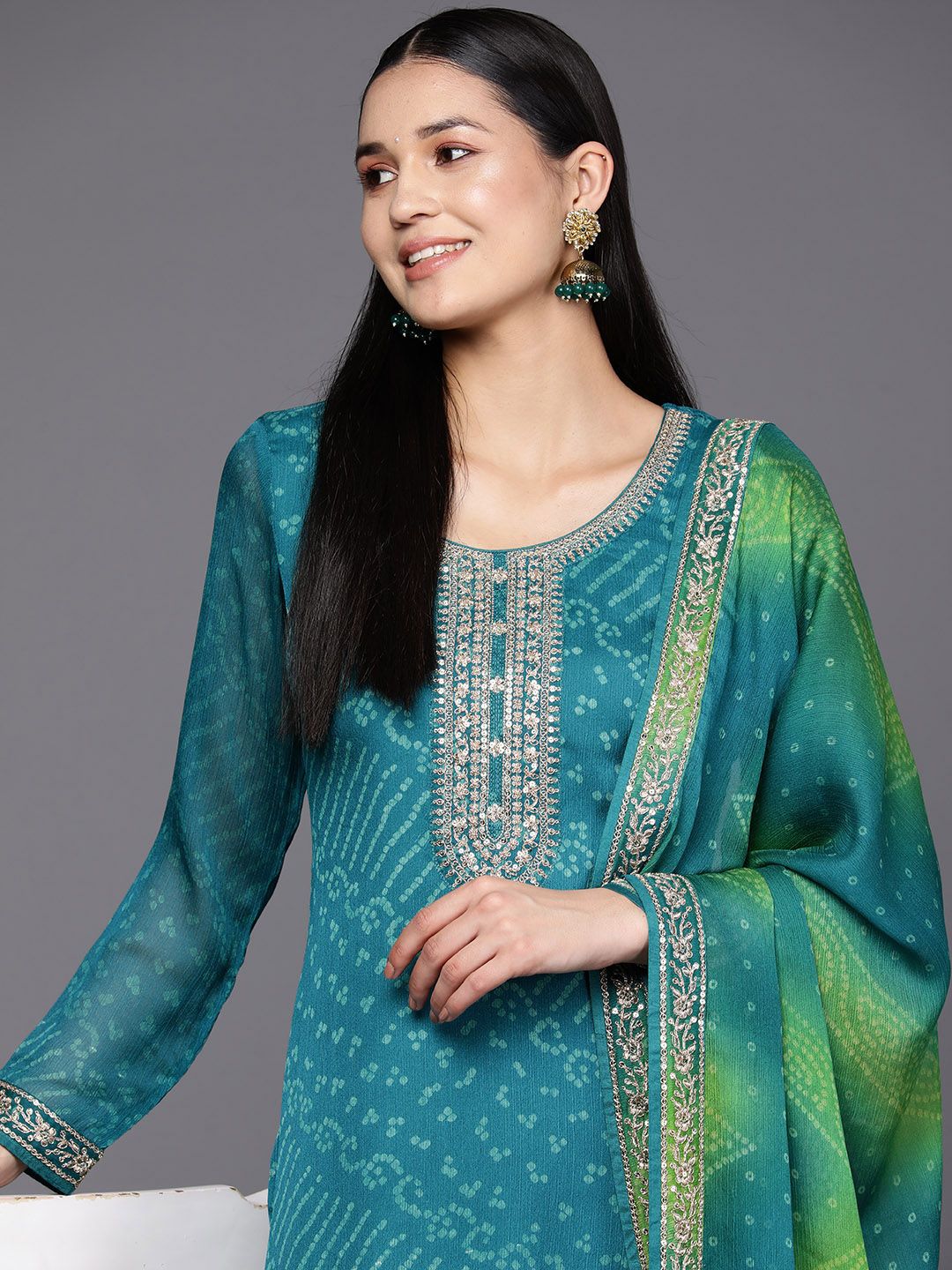 Libas Women Turquoise Blue Bandhani Printed Kurta with Trousers & With Dupatta