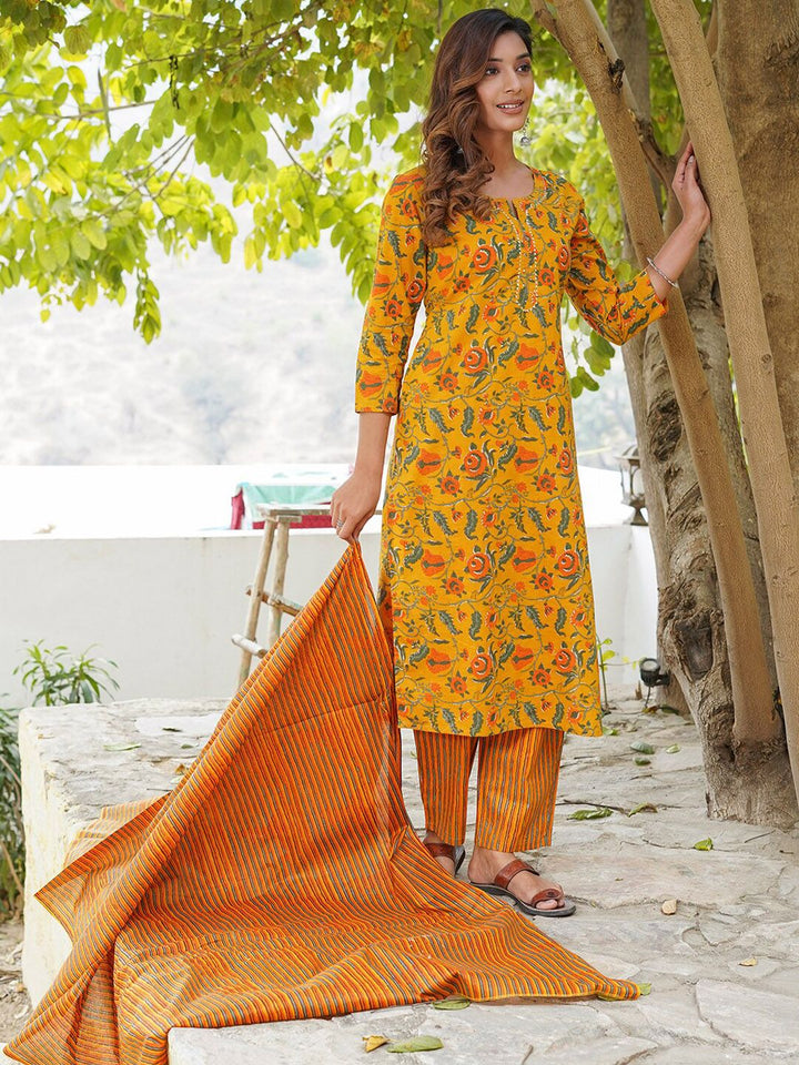 KALINI Floral Printed Gotta Patti Pure Cotton Kurta with Trousers & Dupatta