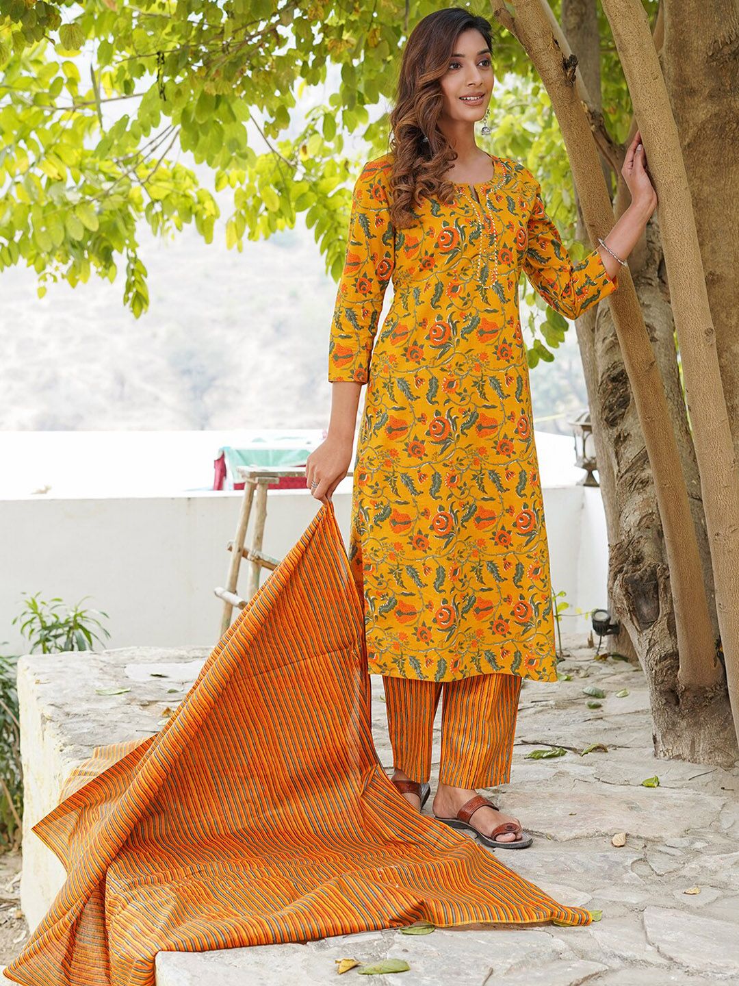 KALINI Floral Printed Gotta Patti Pure Cotton Kurta with Trousers & Dupatta