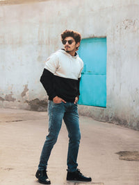 Campus Sutra Men Black & Grey Colourblocked Hooded Sweatshirt
