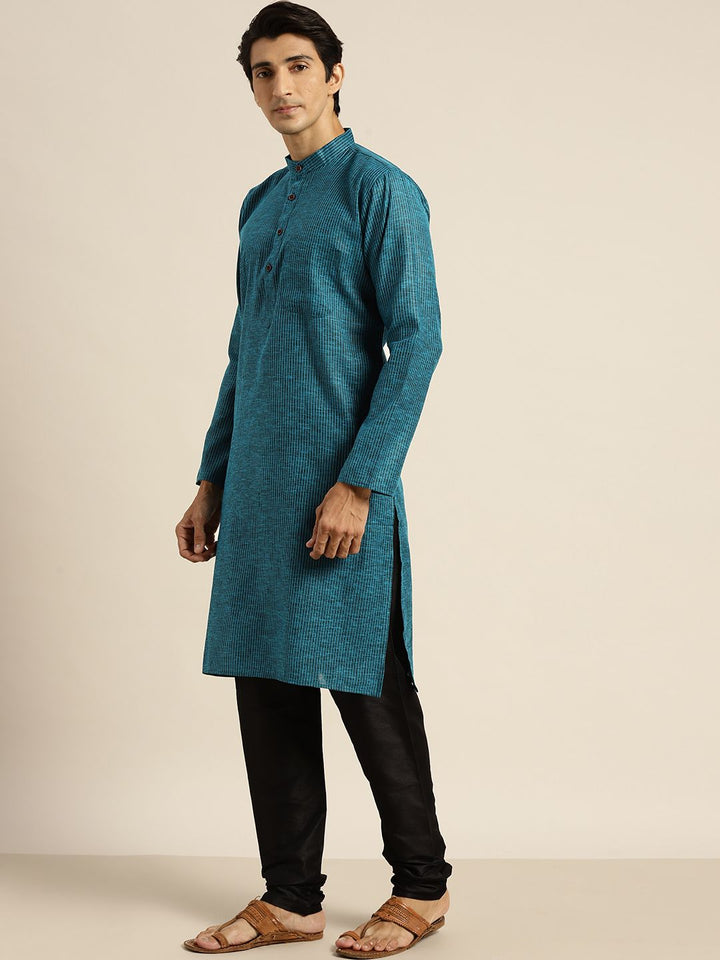 SOJANYA Lelaki Teal Blue Pure Cotton Striped Kurta