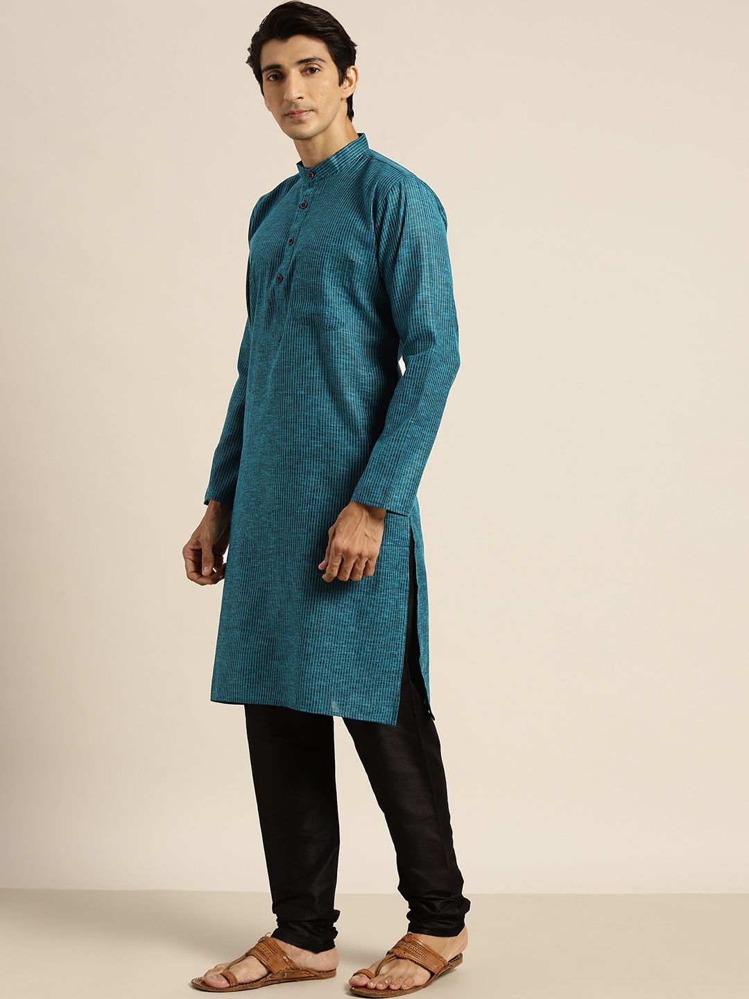 SOJANYA Lelaki Teal Blue Pure Cotton Striped Kurta