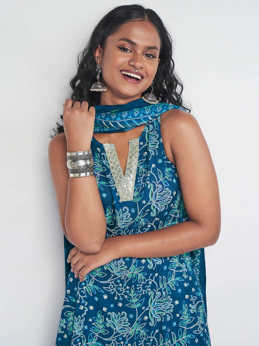 Global Desi V-Neck Floral Printed A-Line Kurta with Trouser & Dupatta